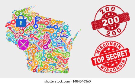 Secure Wisconsin State map and seal stamps. Red rounded Top Secret and 200 grunge stamps. Bright Wisconsin State map mosaic of different protection items. Vector composition for safety purposes.
