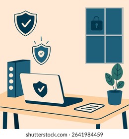 Secure Workspace with Laptop and Shield Illustration
