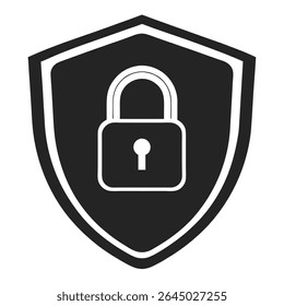 Proteja seus dados com esta ilustração vetorial com um ícone em forma de escudo preto e um cadeado. Este projeto representa segurança robusta, proteção e proteção contra ameaças cibernéticas on-line.