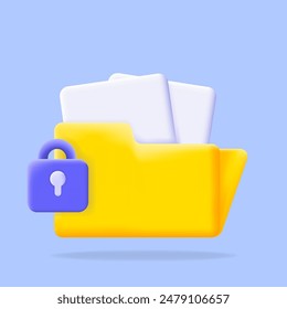 Secure your documents with this icon of a yellow folder and a lock. Ideal for data protection, privacy, and cybersecurity visuals, 3d icon illustration