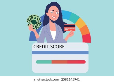 Secure your financial future!  Confident woman with cash and credit card, illustrating the power of a good credit score.  Financial security and smart choices.