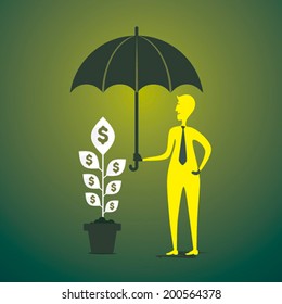 secure your money plant under umbrella concept vector