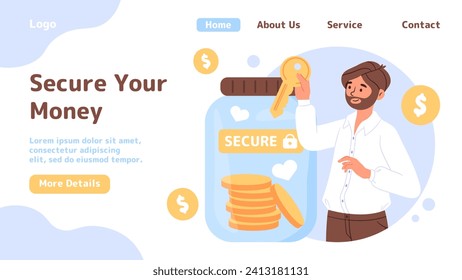 Secure Your Money poster. Man with golden coins near glass jar. Financial literacy, savings. Accountant and budgeting. Safety and protection of cash. Cartoon flat vector illustration
