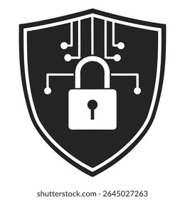 Proteja sua rede com este moderno vetor de segurança cibernética. Apresentando um ícone de escudo, circuito digital e cadeado, ele representa segurança de rede, proteção de dados e segurança on-line eficientes