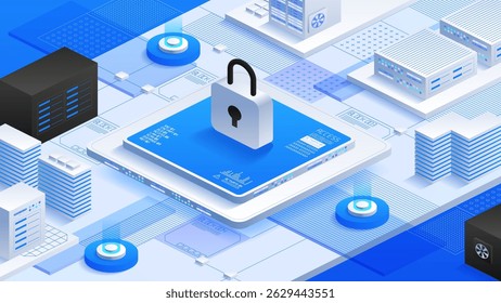 Proteja seus dados on-line. Cadeado e servidores interconectados com blocos de dados, segurança cibernética, privacidade e segurança. Ideal para proteção digital e infraestrutura de TI. Ilustração de vetor isométrico.
