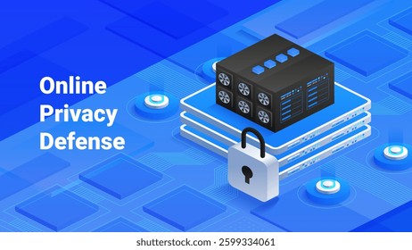 Secure your online privacy with advanced defense systems. Data protection with servers and a padlock, emphasizing cybersecurity and information safety. Vector isometric illustration