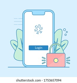 Secure your phone using fingerprint. Login screen with light outline style. Phone vector illustration. Login fingeprint vector. Ready to use for website, mobile app, presentation and any other. EPS10