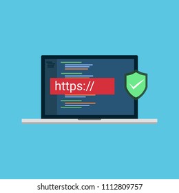 Secure your site with HTTPS, flat style secured ssl shield symbols, protected safe data encryption technology, https certificate privacy sign, protected payment idea, secure network connection.