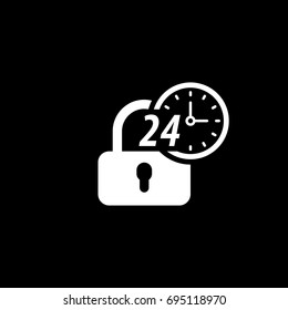 Secured 24-hour Icon. Flat Design. Security Concept with a padlock and a clock. Isolated Illustration. App Symbol or UI element.