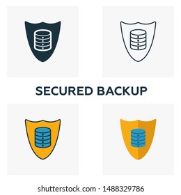 Secured Backup icon set. Four elements in diferent styles from big data icons collection. Creative secured backup icons filled, outline, colored and flat symbols.