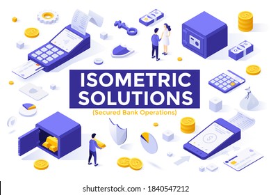 Secured Bank Operations set - safe box, money, terminal with receipt, service for safety of digital transaction, financial security. Bundle of isometric design elements. Modern vector illustration.