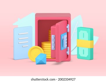 Secured bank safe 3d realistic icon. Pink armored box with open door and gold coins. Bundle of green bills and blue diamond. Protected growth in investment. Vector illustration isolated realistic