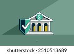 Secured banking concept poster, bank building shield vector icon style illustration, safe banking operations, safe account armor shield locked and private.