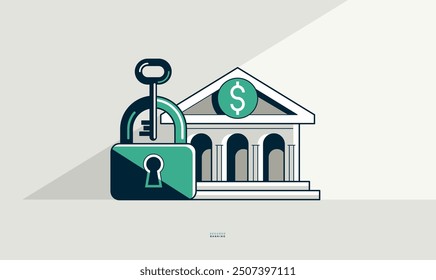 Secured banking concept poster, bank building with lock and key vector icon style illustration, safe banking operations, safe account padlock locked and private.