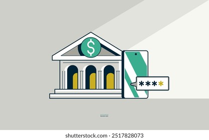 Cartel de concepto bancario asegurado, edificio bancario con teléfono e ilustración de estilo de icono de Vector de código, verificación de dos pasos, enviar código por sms, metáfora bancaria segura.