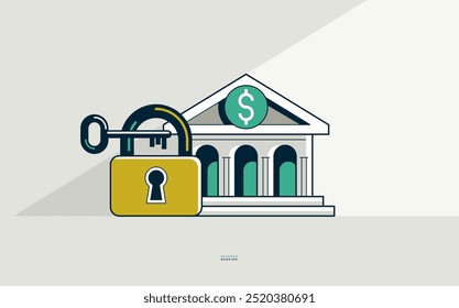 Secured banking concept poster, bank building with lock and key vector icon style illustration, safe banking operations, safe account padlock locked and private.