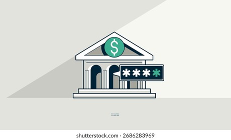 Cartel de concepto bancario asegurado, edificio bancario con ilustración de estilo de icono de Vector de código, verificación de dos pasos, enviar código por sms, metáfora bancaria segura.