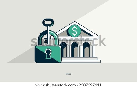 Secured banking concept poster, bank building with lock and key vector icon style illustration, safe banking operations, safe account padlock locked and private.