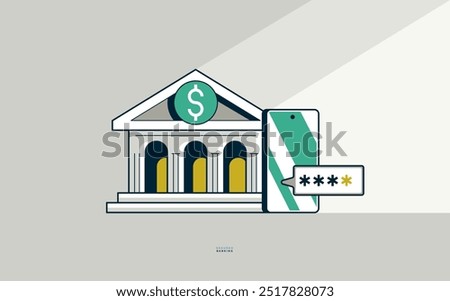 Secured banking concept poster, bank building with phone and code vector icon style illustration, two step verification, send code by sms, safe banking metaphor.