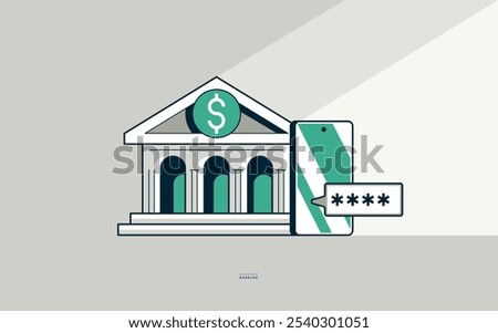 Secured banking concept poster, bank building with phone and code vector icon style illustration, two step verification, send code by sms, safe banking metaphor.