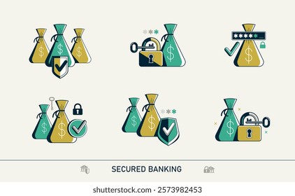 Secured banking vector detailed icons set, deposit money savings protection, financial risk and safety, account protect.