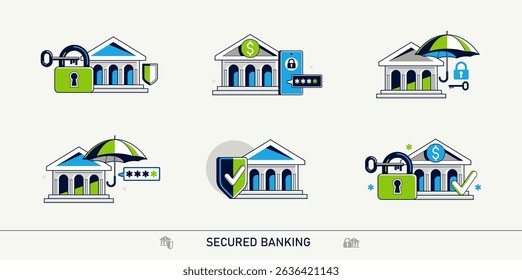 Secured banking vector detailed icons set, deposit money savings protection, financial risk and safety, account protect.