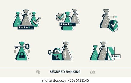 Secured banking vector detailed icons set, deposit money savings protection, financial risk and safety, account protect.