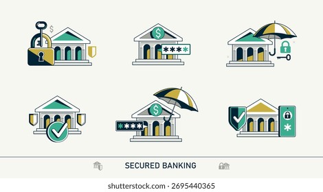 Gesicherte Bank Vektor detaillierte Symbole, Einzahlungsgeld Sparschutz, finanzielle Risiken und Sicherheit, Account-Schutz.