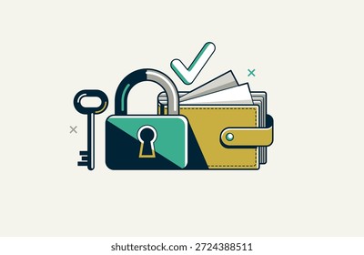 Gesicherte Bank Vektor detaillierte Symbole gesetzt, elektronische Geldbörse E-Wallet Einzahlung Geld Sparschutz, finanzielle Risiken und Sicherheit.