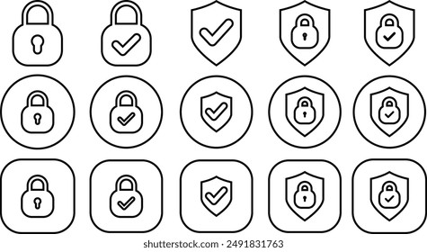 Secured black outline icon vector set