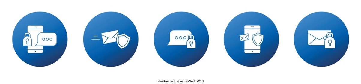 Secured chat modern circular icon set, encrypted message service concept, private data protection flat style vector icons, secured device lock emblems, data protection shield symbols isolated