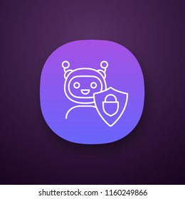 Secured chatbot app icon. Confidential bot dialog. UI/UX user interface. Virtual support service. Chat bot with shield and padlock. Web or mobile application. Vector isolated illustration