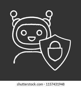 Secured chatbot chalk icon. Confidential bot dialog. Virtual support service. Chat bot with shield and padlock. Isolated vector chalkboard illustrations