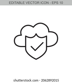 Secured cloud computing. Editable stroke line icon. Vector illustration