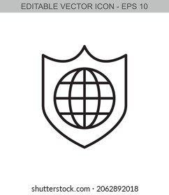 Secured communication with a globe sign. Editable stroke line icon. Vector illustration.