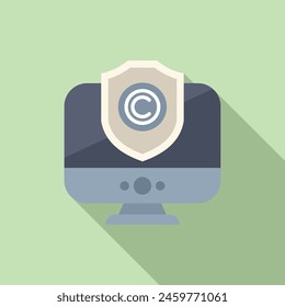 Secured computer screen copyright icon flat vector. Intellectual property. Data information