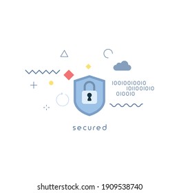 secured concept. Secured modern lock in shield vector illustration concept. Simple vector icon. Design for web UI, mobile app, banner, poster.