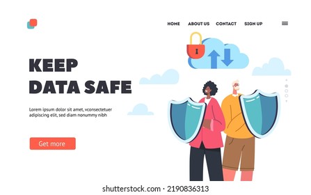 Secured Database Landing Page Template. Guards Characters Holding Shields Protect Server Room Or Hard Disks from Virus Attack. User Data Safe Storage Service. Cartoon People Vector Illustration