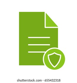 Secured document glyph color icon. Text file with protection shield. Silhouette symbol on white background. Negative space. Vector illustration