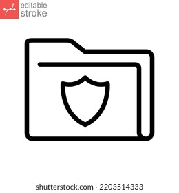 Secured documents, unlock folder verify icon. Secure file with guard shield. Document protection. security confidential information Editable stroke Vector illustration Design on white background EPS10
