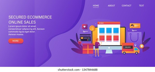 Secured E-commerce, Safe Online Shopping, Customer buying products online safely, gradient style horizontal banner