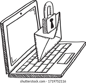 Secured email by password. Doodle style cartoon notebook - black line and white fill on transparent background