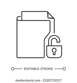 Icono lineal de carpeta segura. Archivo desbloqueado. Acceso a documentos. Abra la cerradura. Seguridad de datos. Permiso de privacidad. Ilustración de línea delgada. Símbolo de contorno. Dibujo de contorno de Vector. Trazo editable