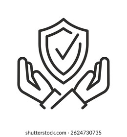 secured icon, hands holding shield, verified reliability, thin line vector illustration