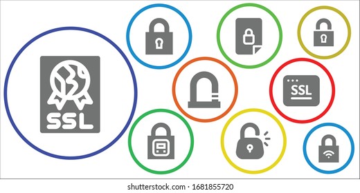 secured icon set. 9 filled secured icons. Included Ssl, Lock, Locked icons
