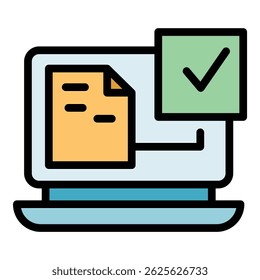 Vector de contorno de icono de portátil seguro. Inicio de sesión de código de factor. Certificado de verificación color plano