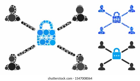 Secured lock relations mosaic of filled circles in various sizes and color hues, based on secured lock relations icon. Vector random circles are combined into blue mosaic.