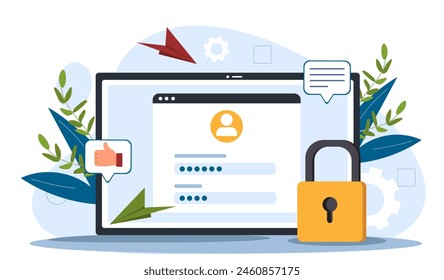 Secured login webpage, with a padlock and decorative elements, on a light blue background, concept of cybersecurity. Flat vector illustration