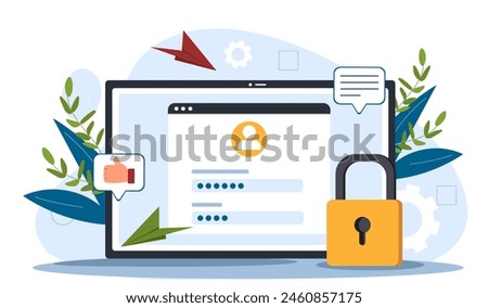 Secured login webpage, with a padlock and decorative elements, on a light blue background, concept of cybersecurity. Flat vector illustration