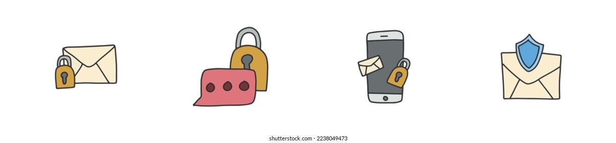 Sicherer Nachrichtendienst Moderner Dodle-Line-Icon-Satz, Privatchatkonzept, handgezeichnete Stil-Vektorsymbole für E-Mail-Sicherheit, Embleme für private Kontakte, Cloud-Betrug-Schutzsymbole einzeln